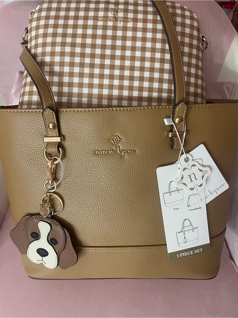 Nanette Lepore Tan Gingham 3-Piece Tote Set with Dog Charm